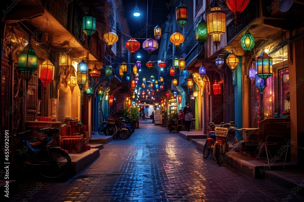 A vibrant, bustling street in Marrakech, illuminated by colorful lanterns.