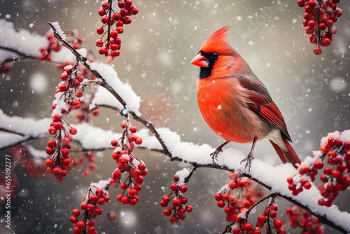 A bullfinch is sitting on a branch with a rowan tree on the background of a snowfall. New year and Christmas Festive Atmosphere concept. © volga