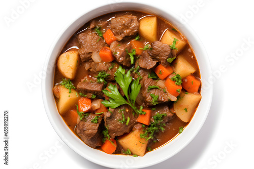 A bowl of beef stew isolated on a white