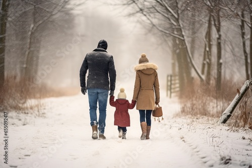 Parents and daughter in winter clothes walking in a snow-covered park. New year and Christmas Festive Atmosphere concept.