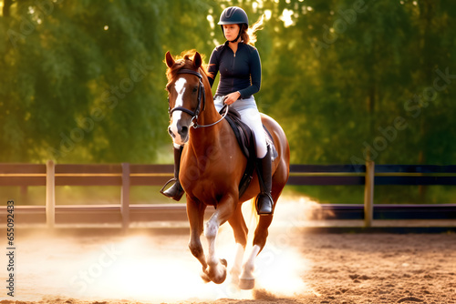 Girl wearing helmet enjoying horseback riding