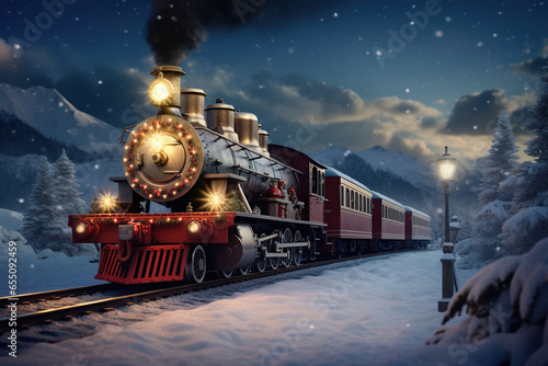 A beautiful steam locomotive in the middle of an evening winter landscape. New year and Christmas Festive Atmosphere concept.
