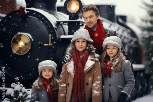A father, mother and two daughters in winter clothes stand against the background of a steam locomotive. New year Festive Atmosphere concept.