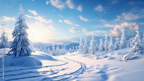 A serene winter landscape blanketed in pristine snow, with glistening trees and a peaceful atmosphere.