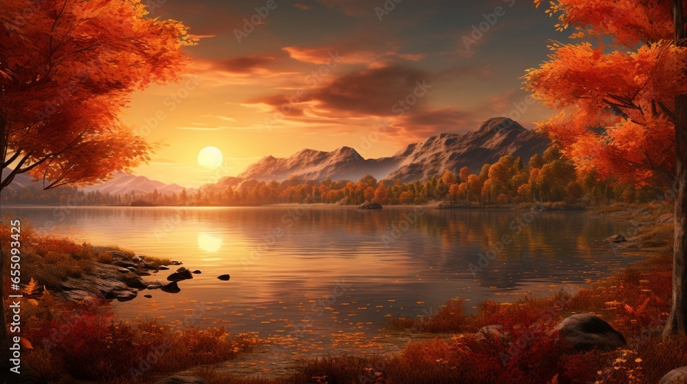 Obraz premium A quiet lake surrounded by golden trees in their autumn splendor, with the setting sun casting an entrancing orange glow over the gorgeous environment.