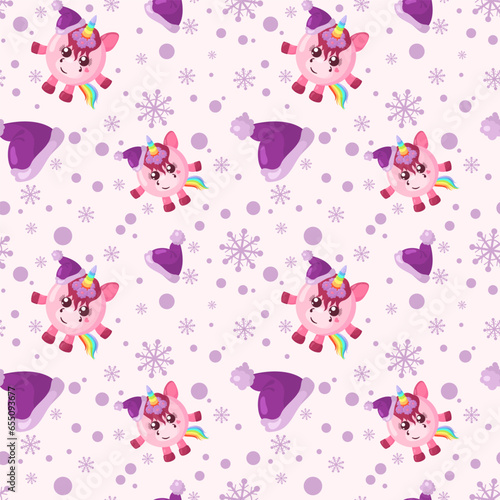 Funny kawaii Christmas celebration unicorn seamless pattern background. Colored holiday endless flat vector backdrop animal tracery for fabric, cloth, print, backsplash, textile or wrapping paper