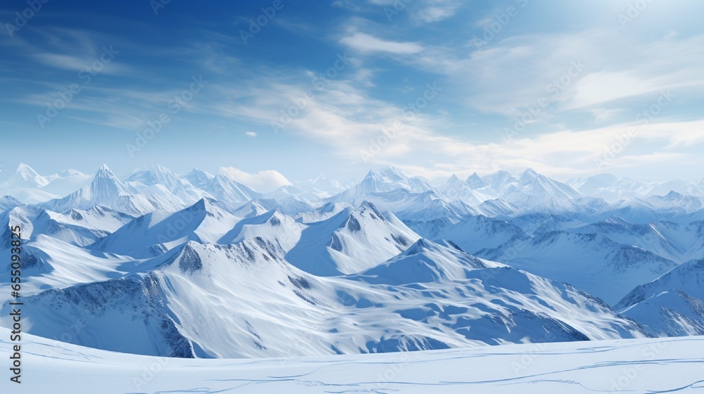 Obraz premium Under a brilliant blue sky, a spectacular snow-covered mountain range, with the sun creating lengthy shadows on the gleaming slopes.