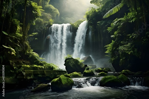 A breathtaking shot of a cascading waterfall surrounded by lush, tropical foliage.