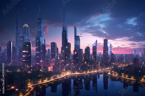 A dynamic cityscape at twilight  with city lights shimmering in the evening sky.