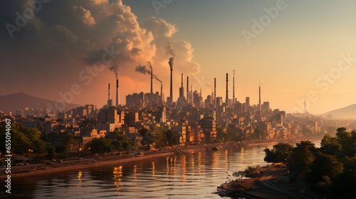 Captivating Cityscapes: A Glowing Symphony of Sunset and Industrial Marvels, generative AI