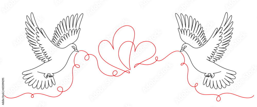 Dove with a heart line art vector illustration. Dove with heart in simple linear style. Valentine Day. Linne art vector illustration of dove with love