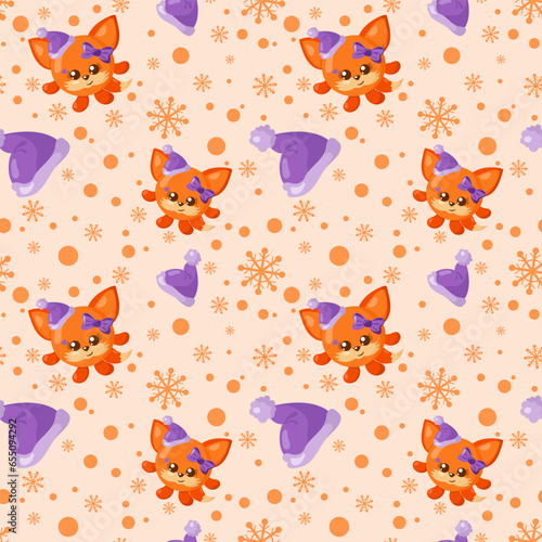 Funny kawaii Christmas celebration fox seamless pattern background. Colored holiday endless flat vector backdrop animal tracery for fabric, cloth, print, backsplash, textile or wrapping paper