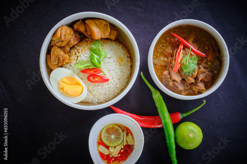 Traditional Thai  Chicken and gravy with rice and egg