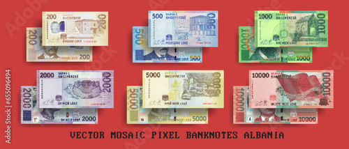 Vector set of pixel mosaic banknotes of Albania. Collection of bills in denominations of 200, 500, 1000, 2000, 5000 and 10000 lek. Play money or flyers.