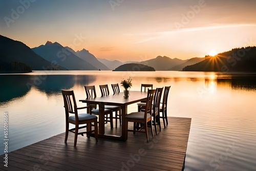 A serene lakeside dining spot with a wooden dock, a table for two, and a view of tranquil water at sunset.