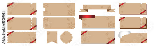 クリスマスセールに使えるシンプルなベージュと赤リボンのクーポンベクターデザインセット（枠のみ）