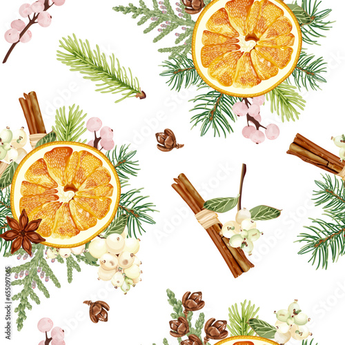 Christmas seamless pattern with dried orange, cinnamon, snowberry, thuja and fir tree.