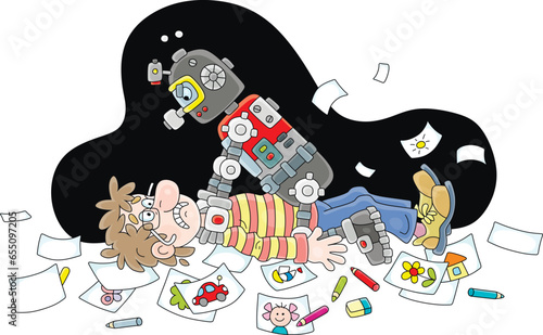 Angry robot choking its competitor an unhappy illustrator lying among scattered sheets of paper with illustrations for little kids, vector cartoon illustration isolated on a white background