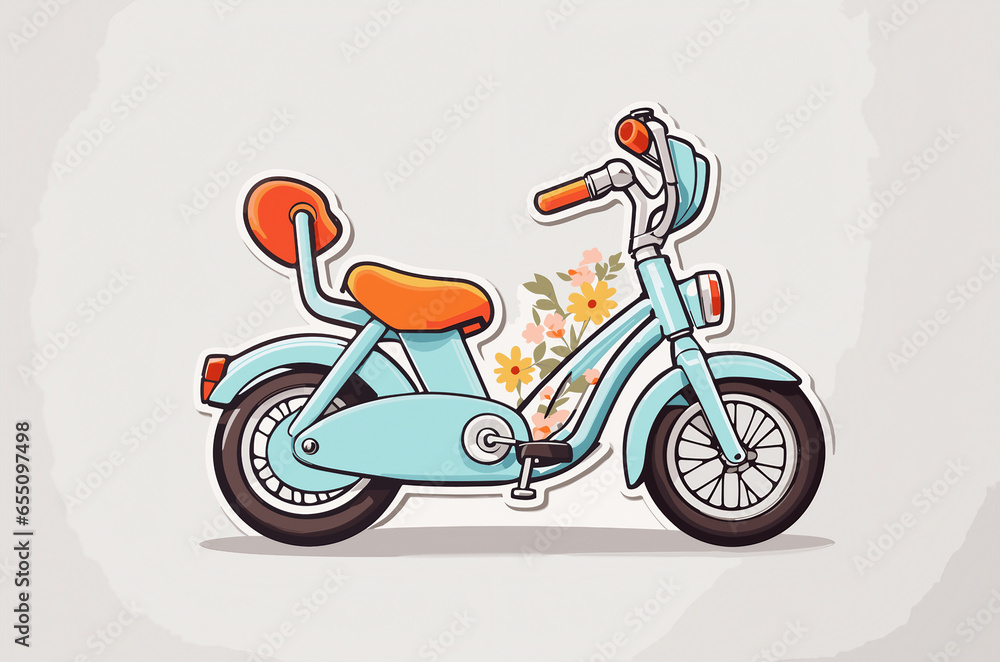 Printable sticker about minimal cute cartoon friendly bike, white background