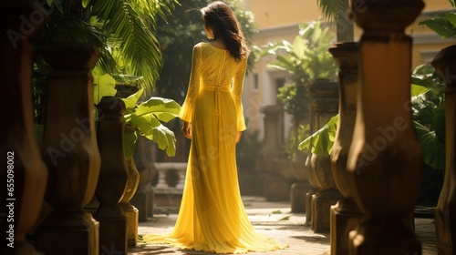 A woman in a long yellow dress,traditional vietnamese dress