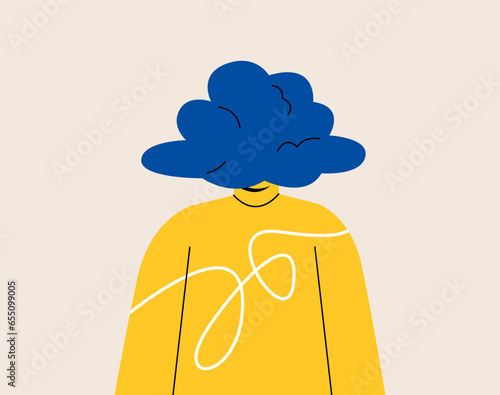 Man with empty head and cloud instead.  Daydreaming, absent and impractical concept. Colorful vector illustration