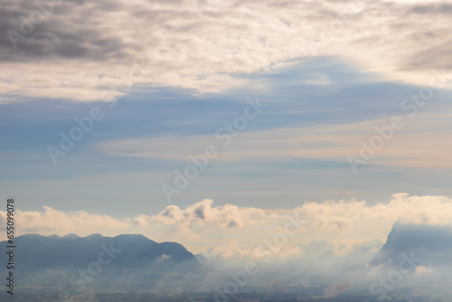 View of mountain landscape and misty clouds in the morning.