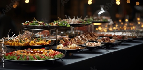 catering buffet food indoor in restaurant with meat colorful fruits and vegetables.