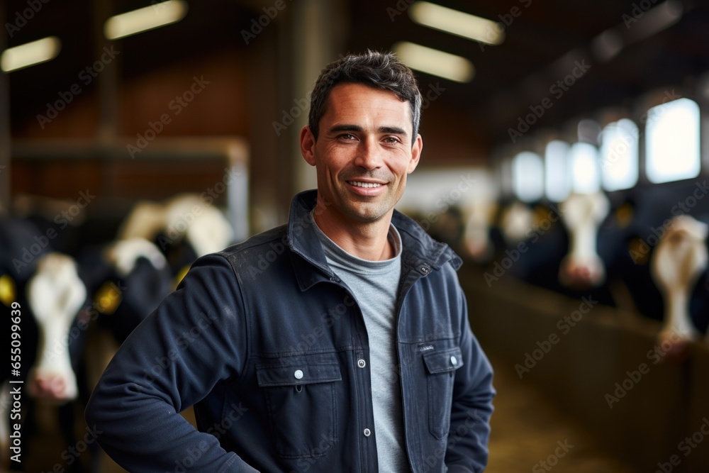 Obraz premium A farmer man stands in a cowshed, smiling, wearing a hat, arms crossed over his chest, using a tablet computer.