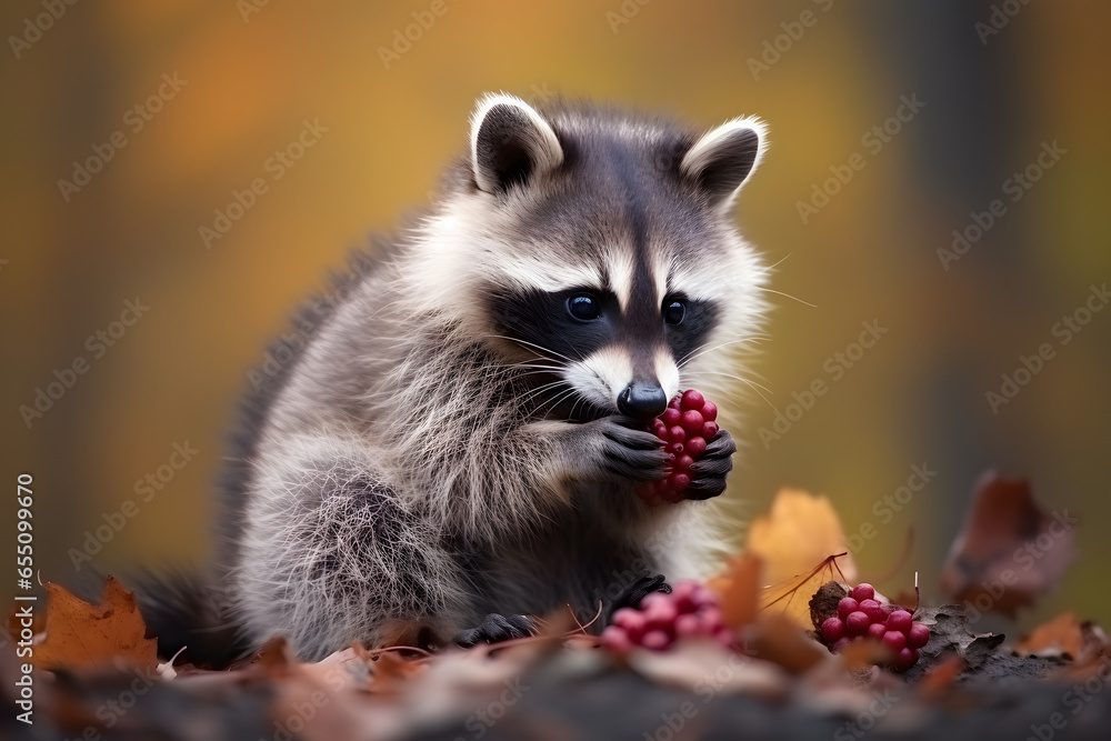 Portrait of cute raccoon animal, berry fruits and autumn leaves in the jungle.