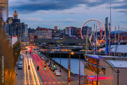 Seattle waterfront skyline and the Puget Sound at sunset in Seattle, Washington
