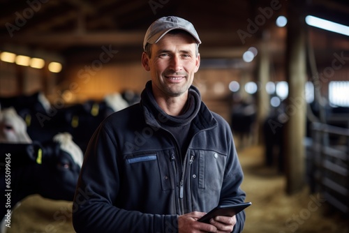 A farmer man stands in a cowshed, smiling, wearing a hat, arms crossed over his chest, using a tablet computer. photo