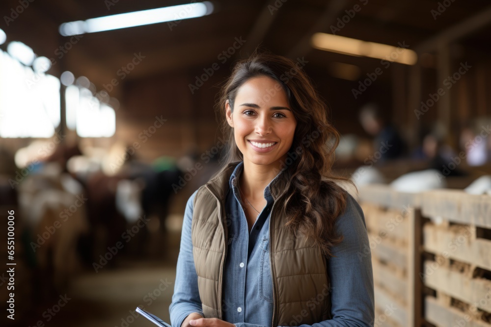 Beautiful young woman worker working in cow barn on the farm. Modern cow farmer work with tablets. - obrazy, fototapety, plakaty 