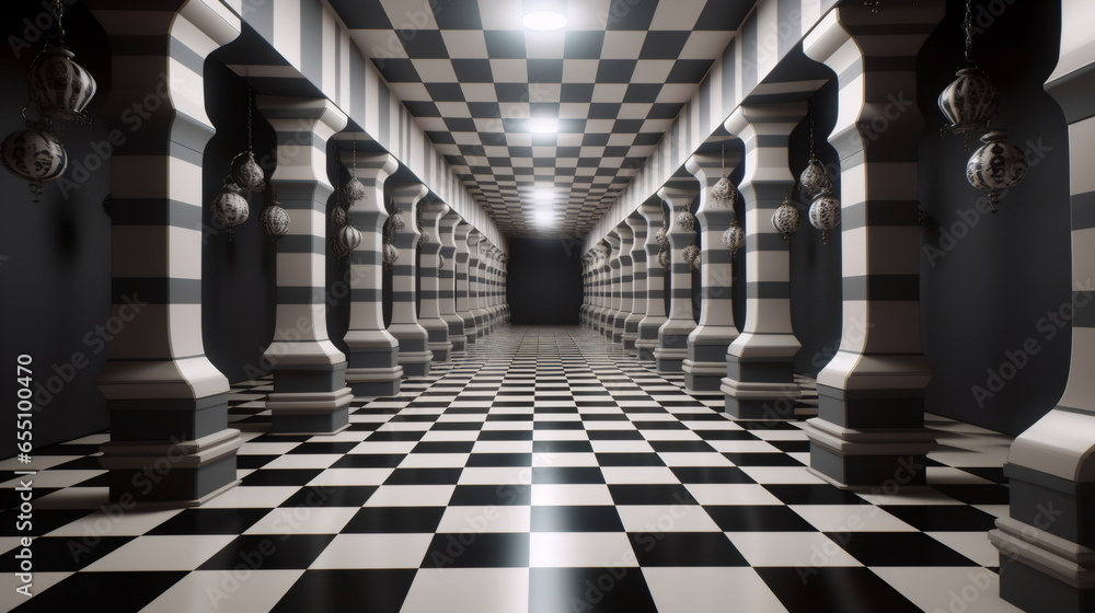 Enigmatic Checkerboard Hallway: Rich Symbolism and Luminous 3D Elements ...