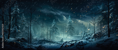  Christmas mystery wonderwood night. Snow falling, lights at deep forest meadow landscape. Magic glowing holidays illustration. Scenery. Generative ai