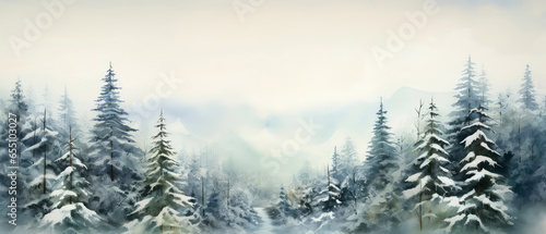 Watercolour winter forest landscape. Scenery illustration with snowy trees.  Panoramic view. Generative ai © Inai