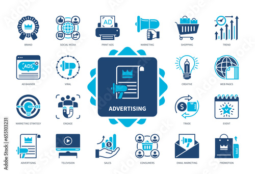 Advertising icon set. Brand, Sales, Consumers, Email Marketing, Promotion, Social Media, Web Pages, Television. Duotone color solid icons