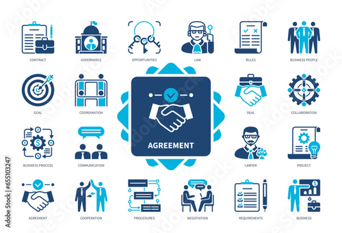Agreement icon set. Business People, Contract, Communication, Negotiation, Project, Opportunities, Goals, Deal. Duotone color solid icons