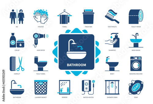 Bathroom icon set. Hygiene, Shower Cabin, Toilet Bowl, Mirror, Soap, Toothpaste, Wash Basin, Shampoo. Duotone color solid icons