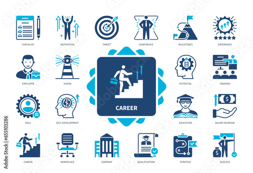 Career icon set. Target, Checklist, Self-development, Employer, Education, Salary Increase, Company, Qualification. Duotone color solid icons