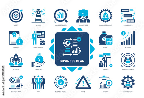 Business Plan icon set. Target, Competitors, Management, Market Research, Risks, Analysis, Procedures, Revenue. Duotone color solid icons