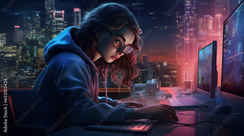 Young girl programmer writing code on the keyboard, in the office space at night