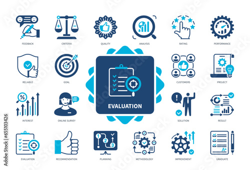 Evaluation icon set. Criteria, Assessment, Performance, Feedback, Quality, Analysis, Improvement, Online Survey. Duotone color solid icons