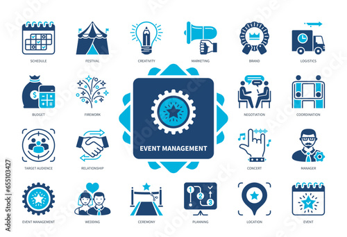 Event Management icon set. Events, Schedule, Festival, Budget, Target Audience, Coordinating, Marketing, Logistics. Duotone color solid icons