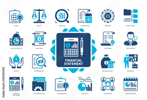 Financial Statement icon set. Accounting, Equity, Transparency, Audit, Tax Authorities, Annual Report, Customers, Documentation. Duotone color solid icons