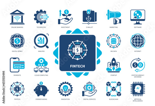 Finance technology FINTECH icon set. Technology, Investment, Payments, Online Banking, Cloud Computing, Blockchain, Crowdfunding, Digital Money. Duotone color solid icons