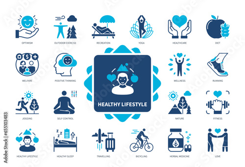 Healthy Lifestyle icon set. Wellness, Recreation, Positive Thinking, Fitness, Traveling, Yoga, Optimism, Herbal Medicine. Duotone color solid icons