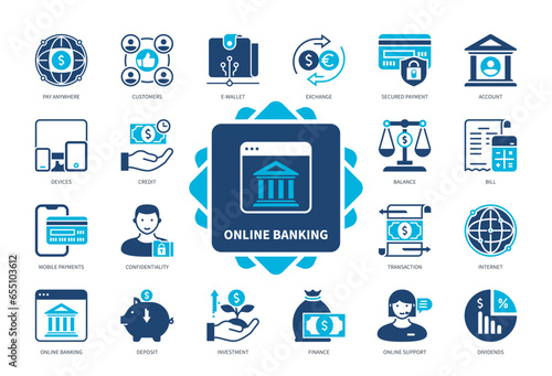 Online Banking icon set. Deposit, Secured Payment, Account, Pay Anywhere, Transaction, Balance, Credit, Mobile Payments. Duotone color solid icons