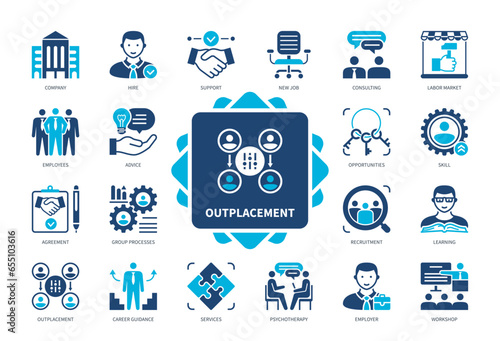 Outplacement icon set. Career Guidance, Consulting, Advice, Recruitment, Workshop, Support, Agreement, Skills. Duotone color solid icons
