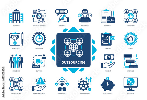 Outsourcing icon set. Company, Contract, Risk Management, Freelance, Improvement, Efficiency, Cost Savings, Business Process. Duotone color solid icons