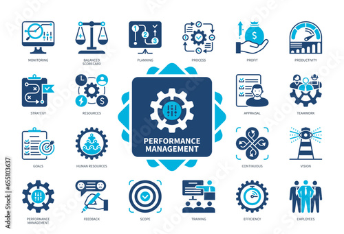 Performance Management icon set. Monitoring, Teamwork, Productivity, Human Resources, Balanced Scorecard, Goals, Profit, Efficiency. Duotone color solid icons